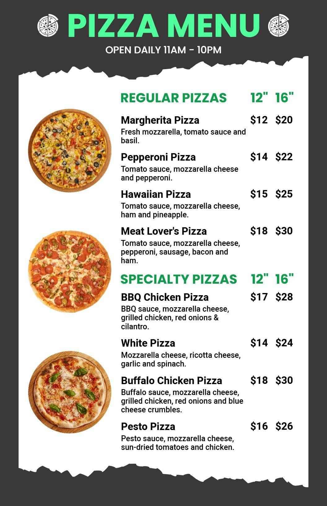 Delicious Traditional and Specialty Pizzas Selection Pizza Menu Template