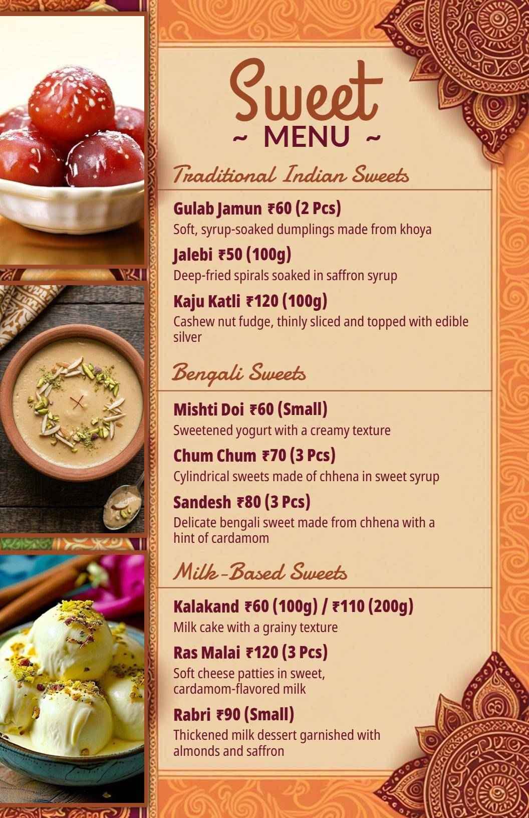 Delicious Traditional Indian Sweets and Dessert Options Indian Cuisine Menu Template