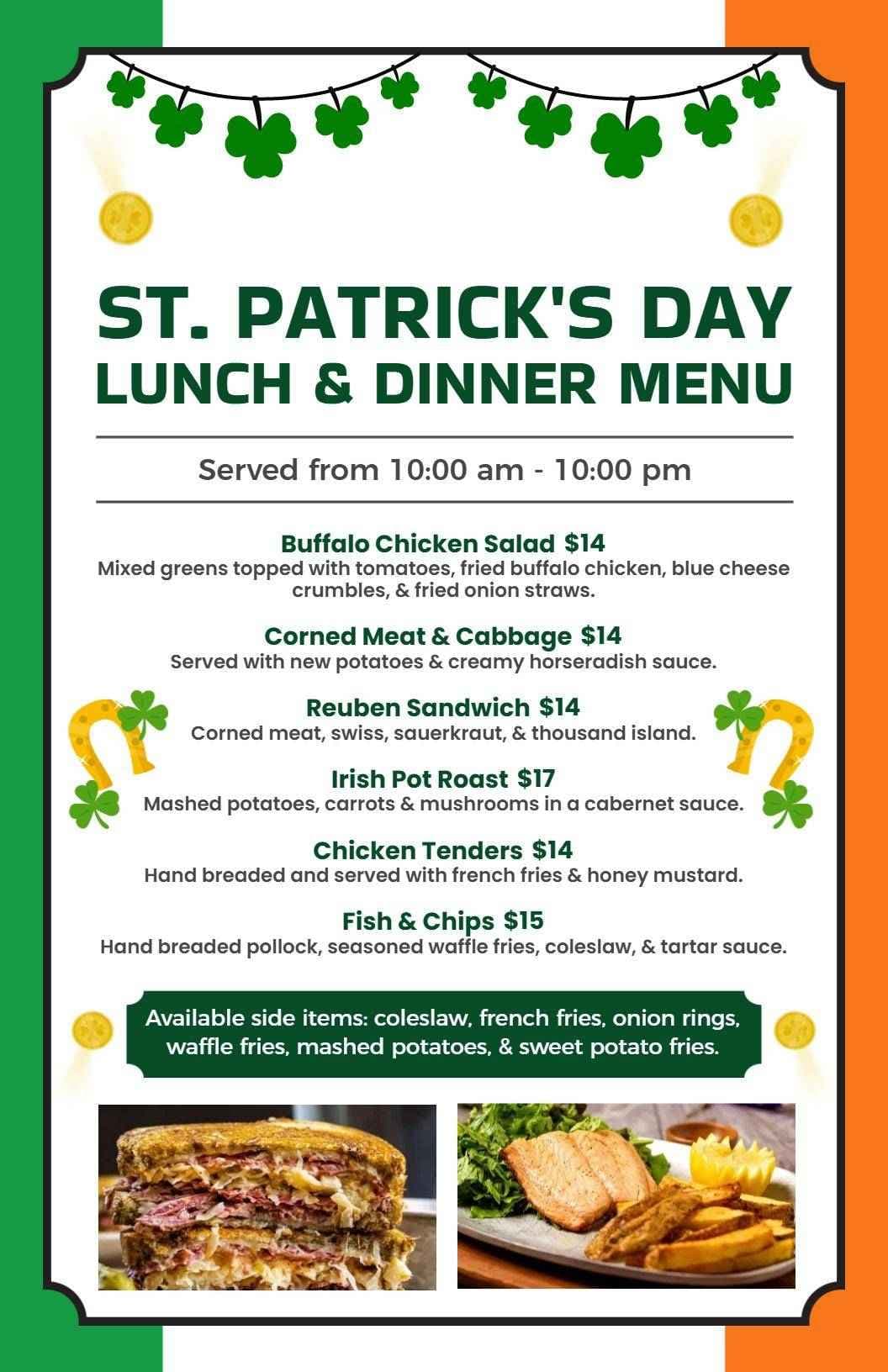 Delicious Traditional Irish Cuisine Selections St. Patrick's Day Menu Template