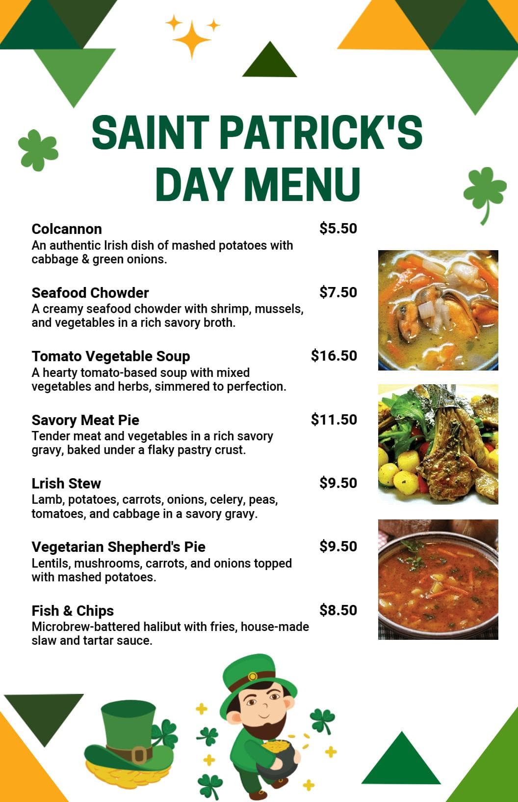 Delicious Traditional Irish Dishes and Festive Flavors St. Patrick's Day Menu Template
