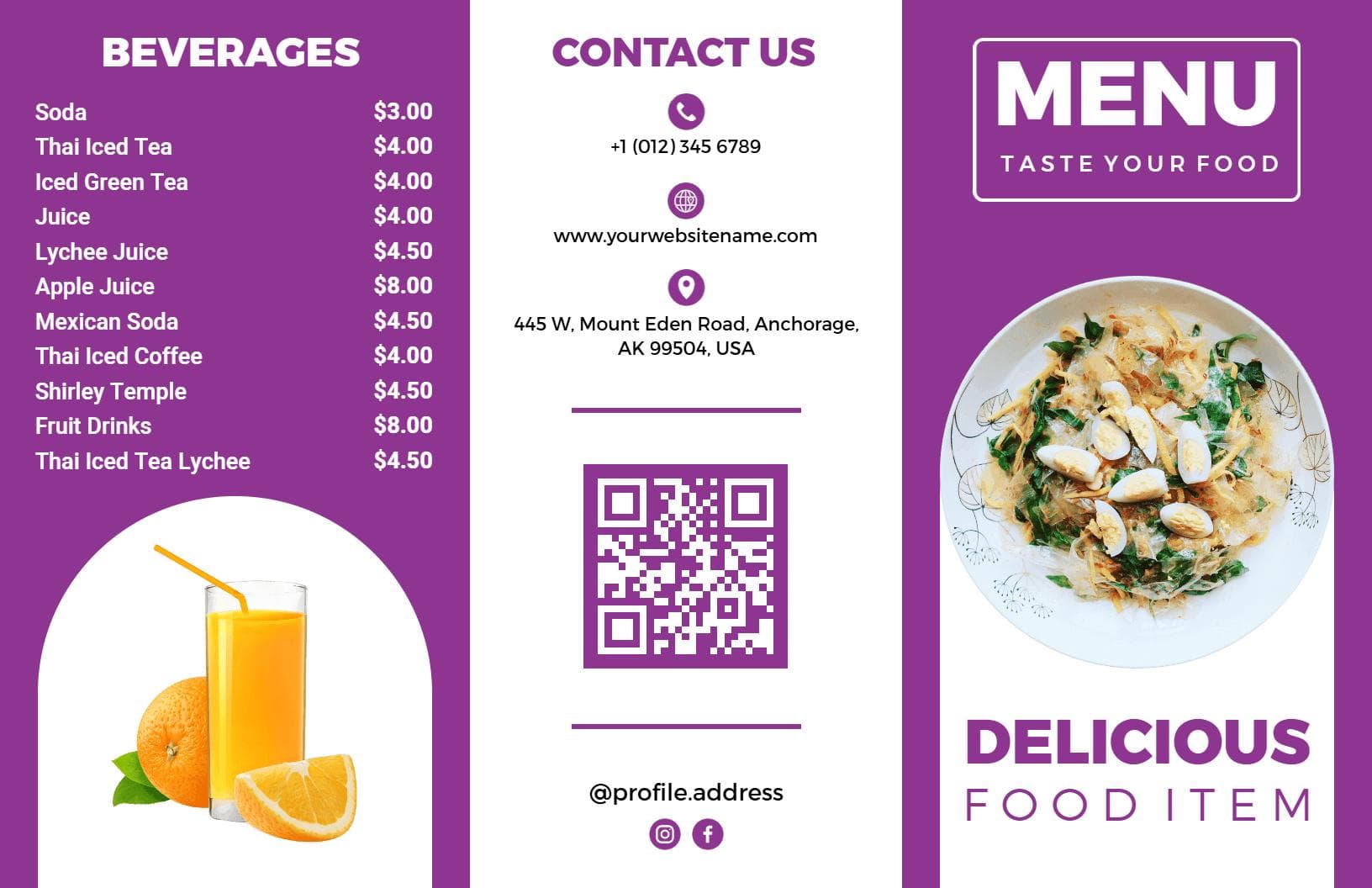 Delicious Varieties of Beverages and Flavorful Dishes Tri Fold Menu Template