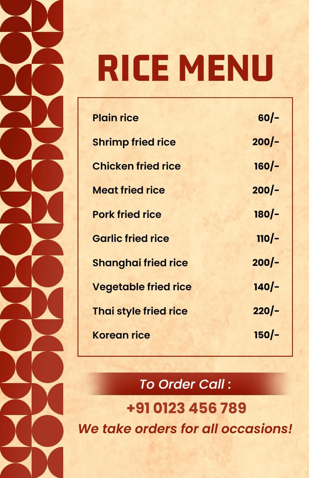 Delicious Varieties of Fried Rice and Flavorful Options Rice Menu Template