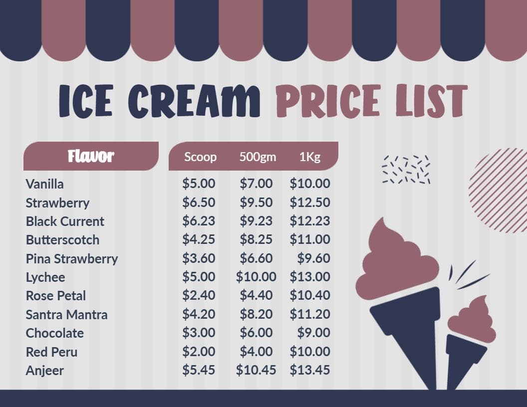Delicious Variety of Classic and Unique Flavors Ice Cream Menu Template