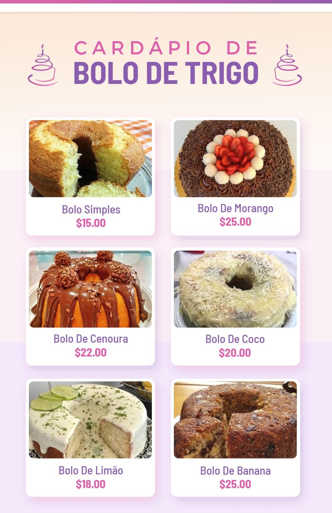 Delicious Variety of Flavored Cakes Including Strawberry Cake Menu Template