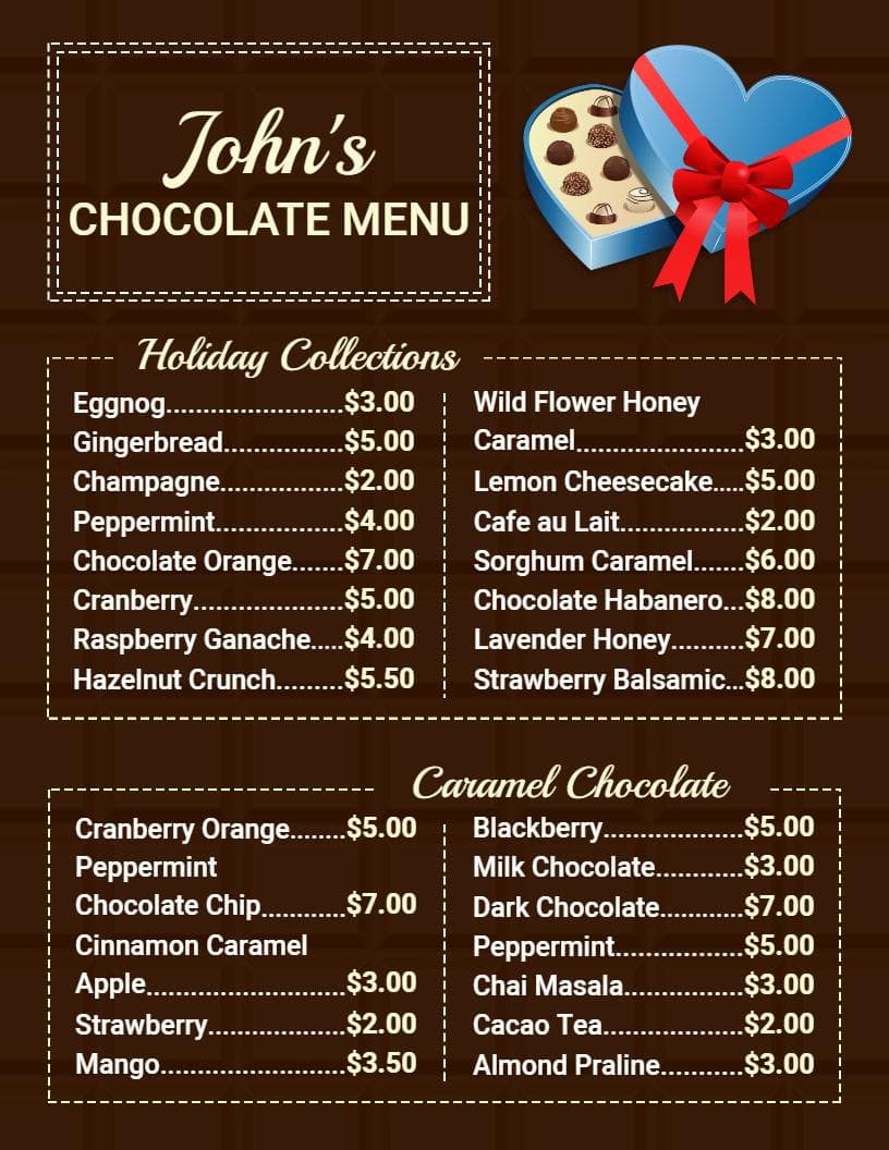 Delicious Variety of Holiday and Caramel Selections Chocolate Menu Template