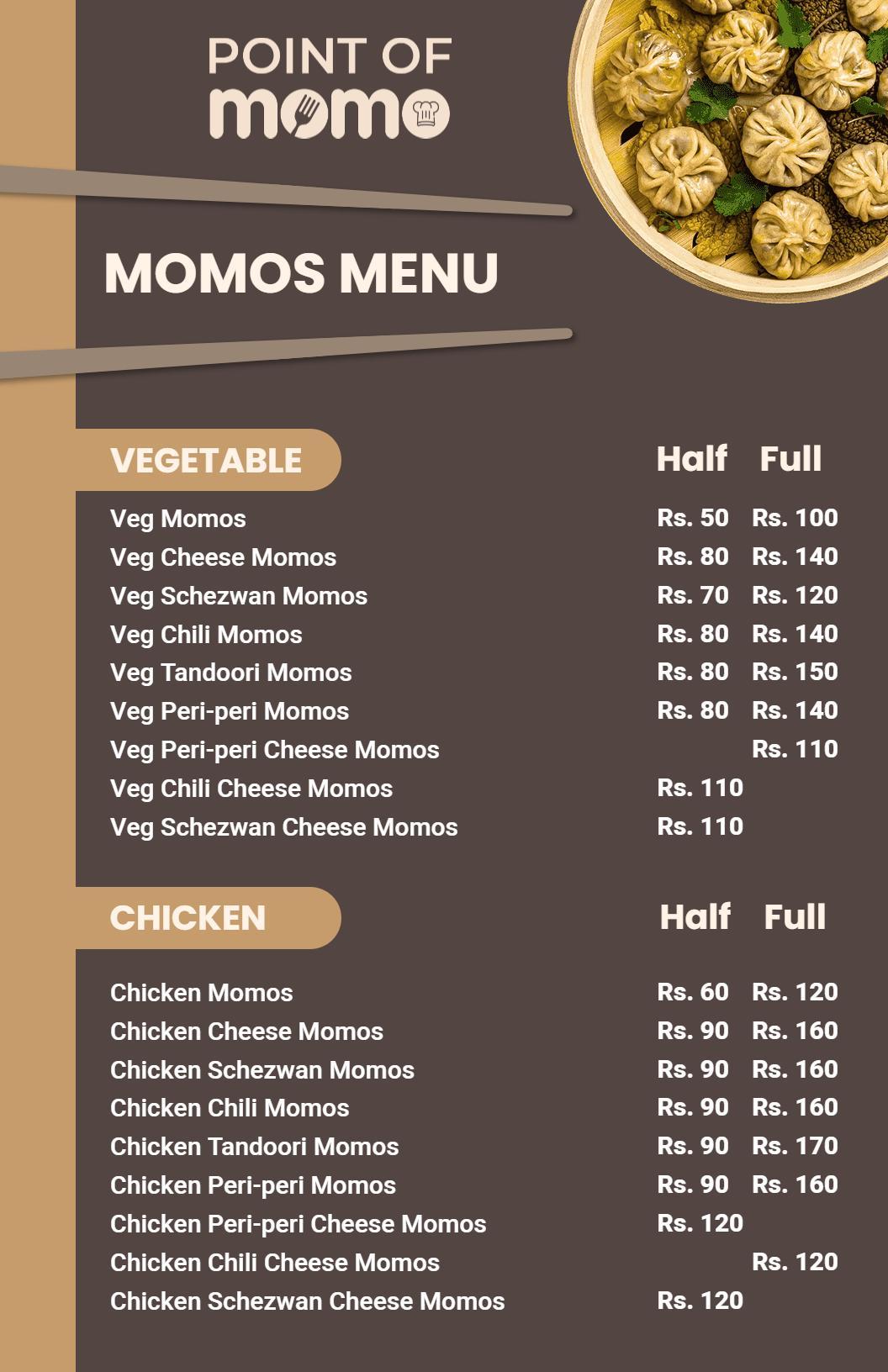 Delicious Vegetable and Chicken Momos with Cheese Options Menu Template
