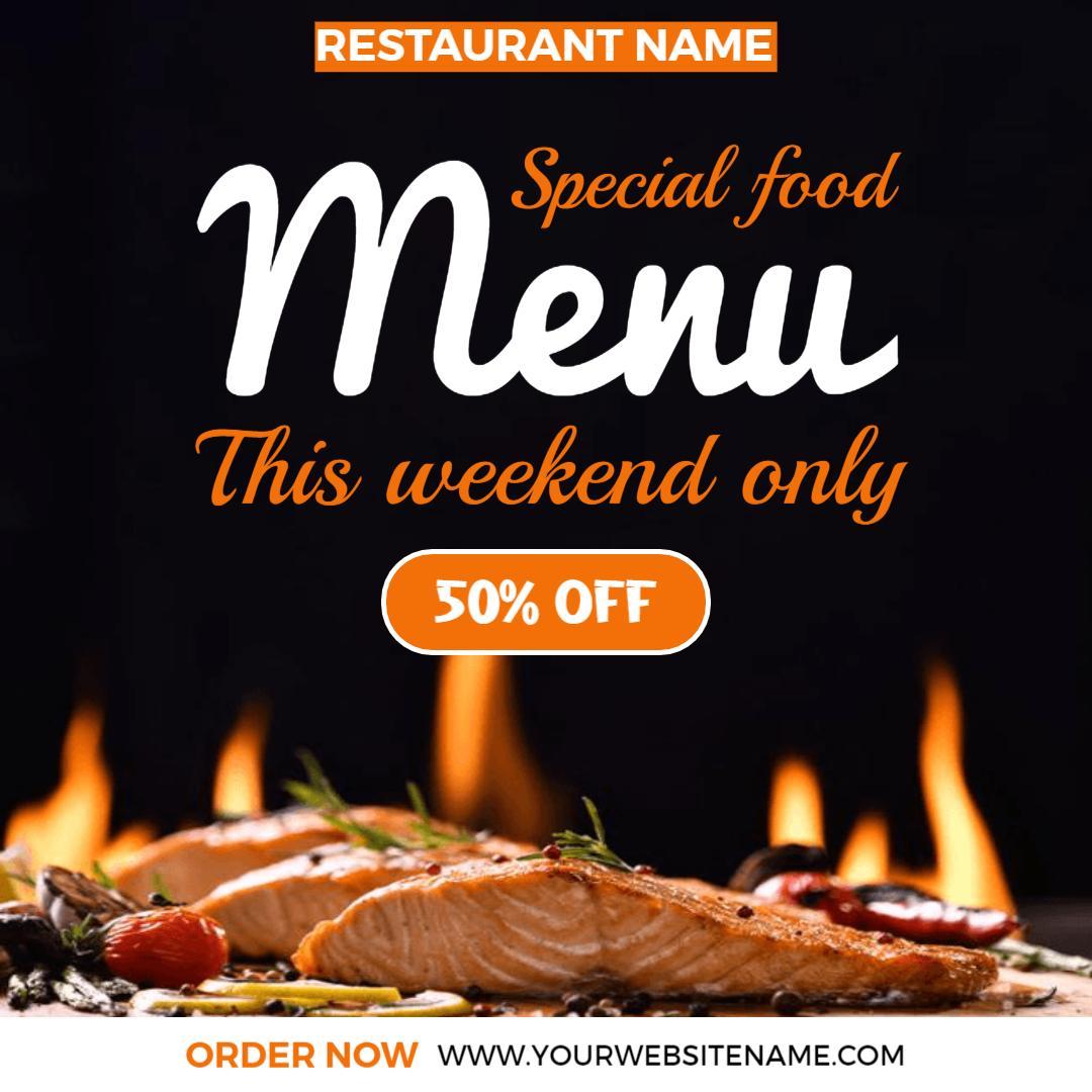 Delicious Weekend Seafood Menu with 50% Off Ad Template