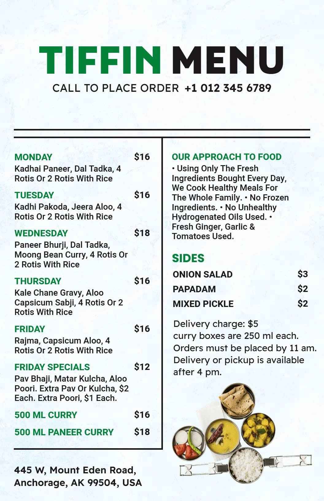 Delicious Weekly Indian Cuisine Selections Tiffin Menu Template