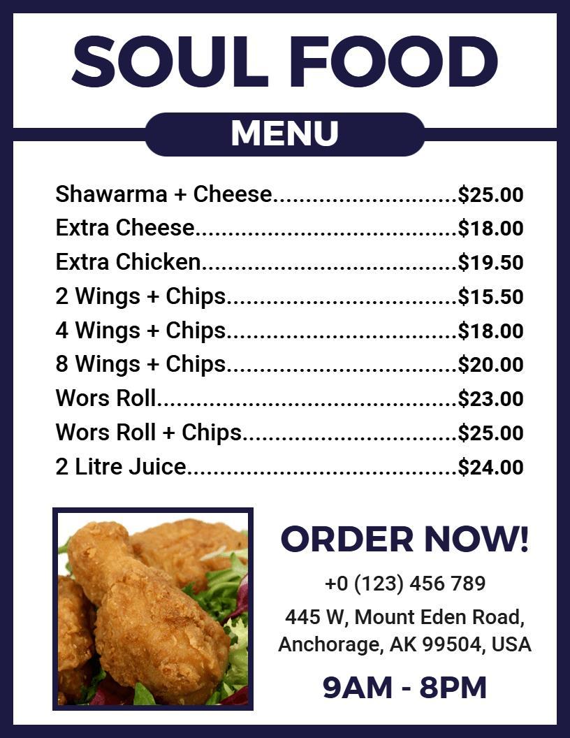 Delicious Wing and Chip Combos with Juice Soul Food Menu Template