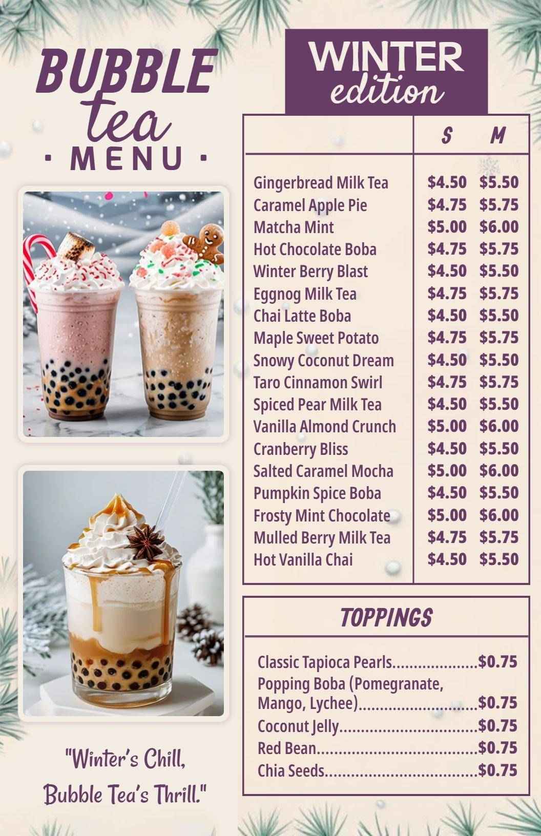 Delicious Winter-Themed Boba Treats and Flavors Boba Menu Template