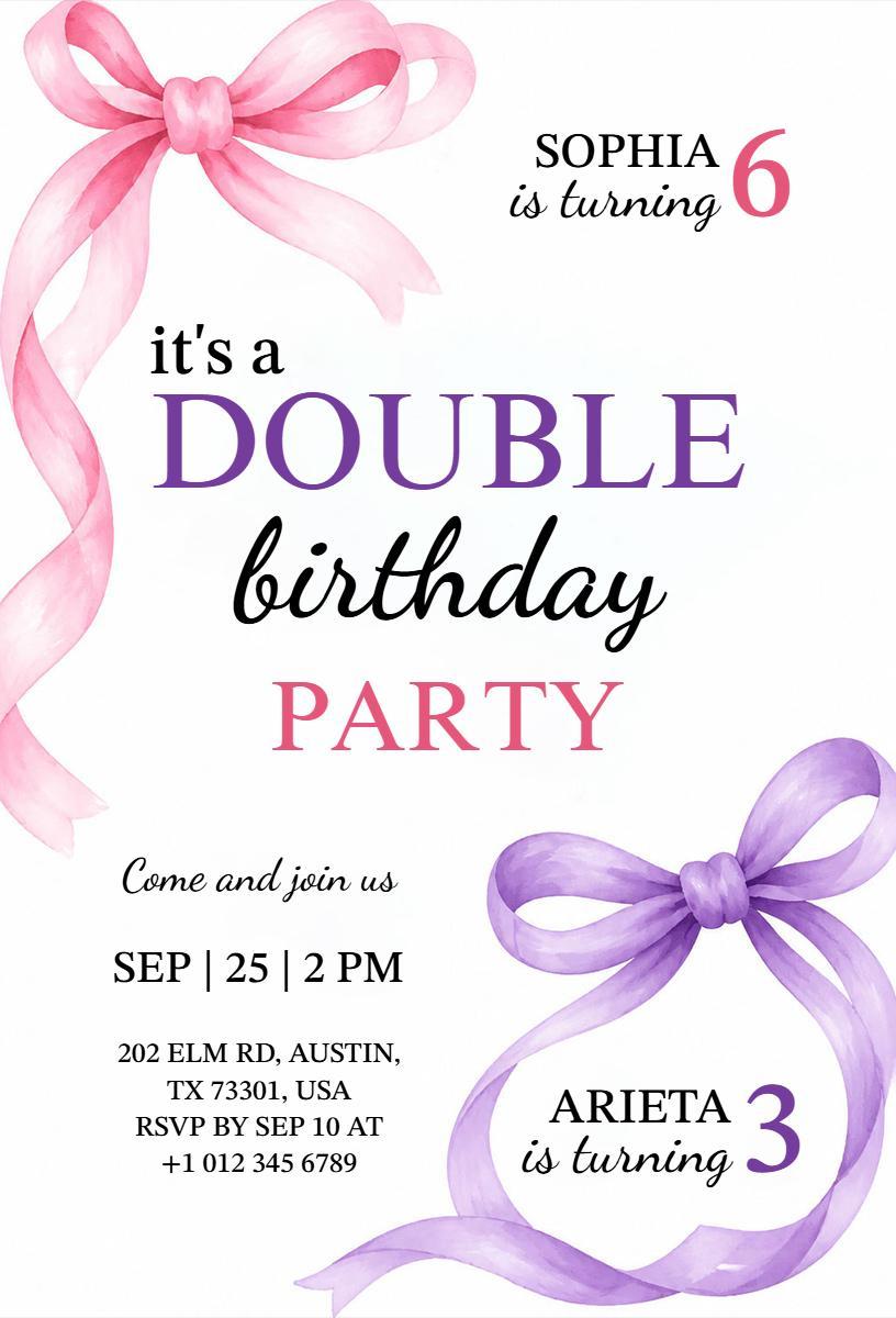Delightful Bow Double Birthday Celebration Invitation Template