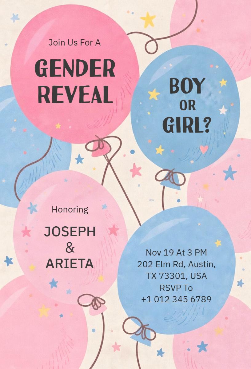 Delightful Colorful Balloon Gender Reveal Invitation Template