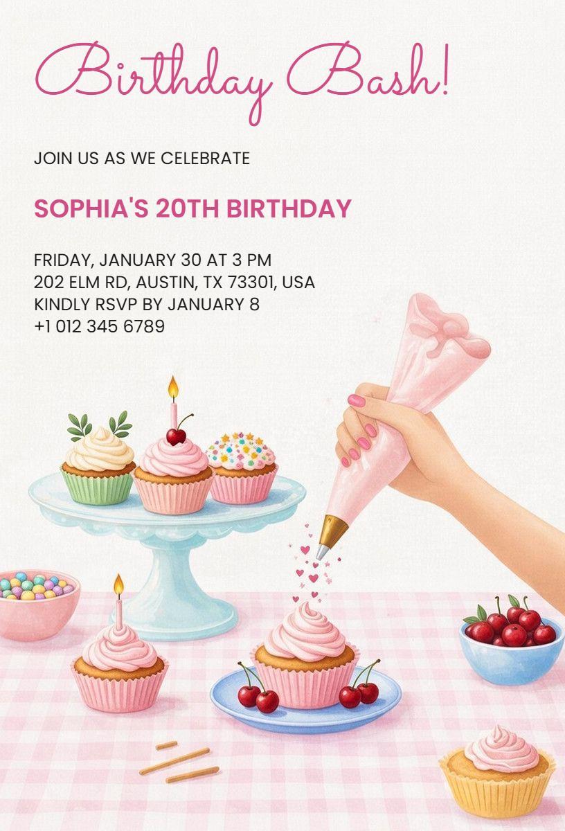 Delightful Cupcake Theme 20th Birthday Celebration Invitation Template