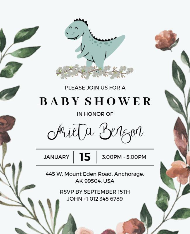 Delightful Floral Dinosaur Baby Shower Invitation Poster Template