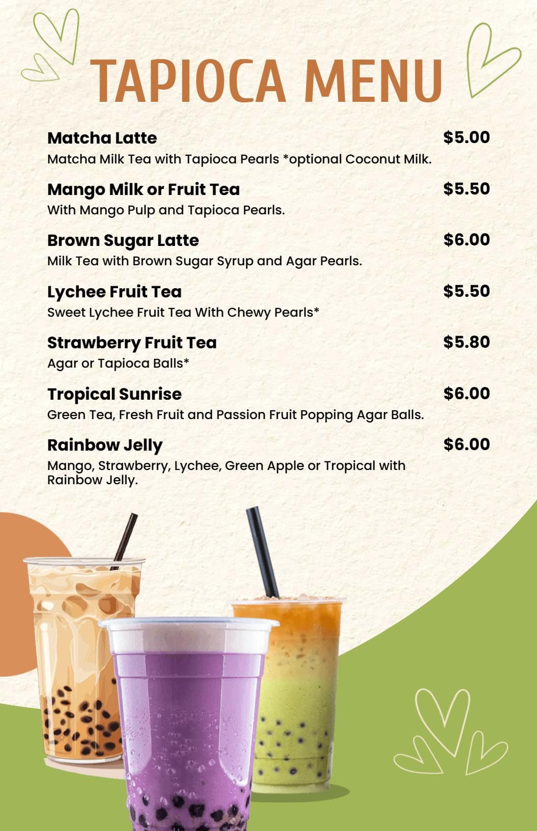 Delightful Fruit Teas and Unique Flavors for Your Boba Menu Template