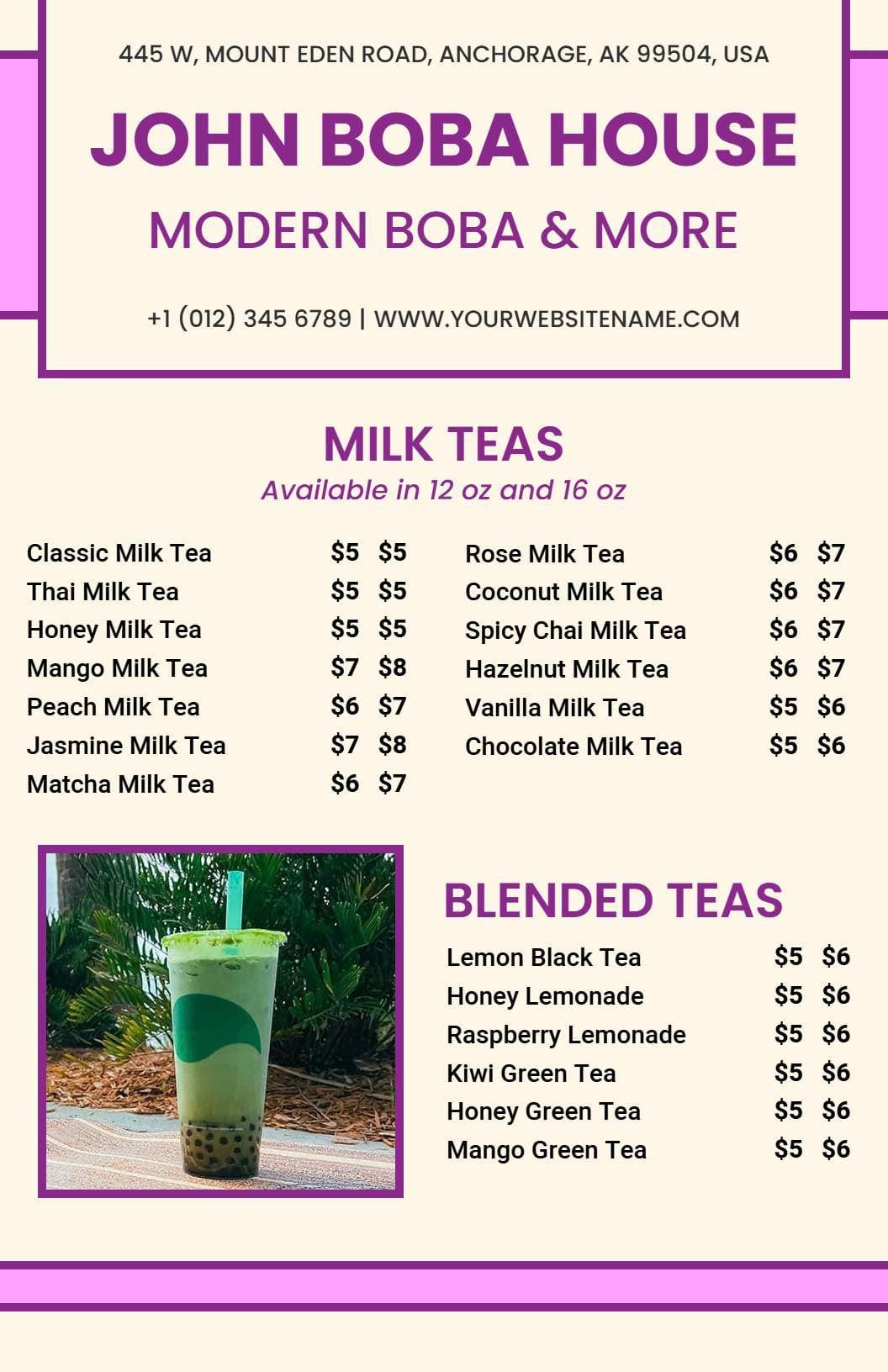 Delightful Milk and Blended Teas Featuring Unique Flavors Boba Menu Template