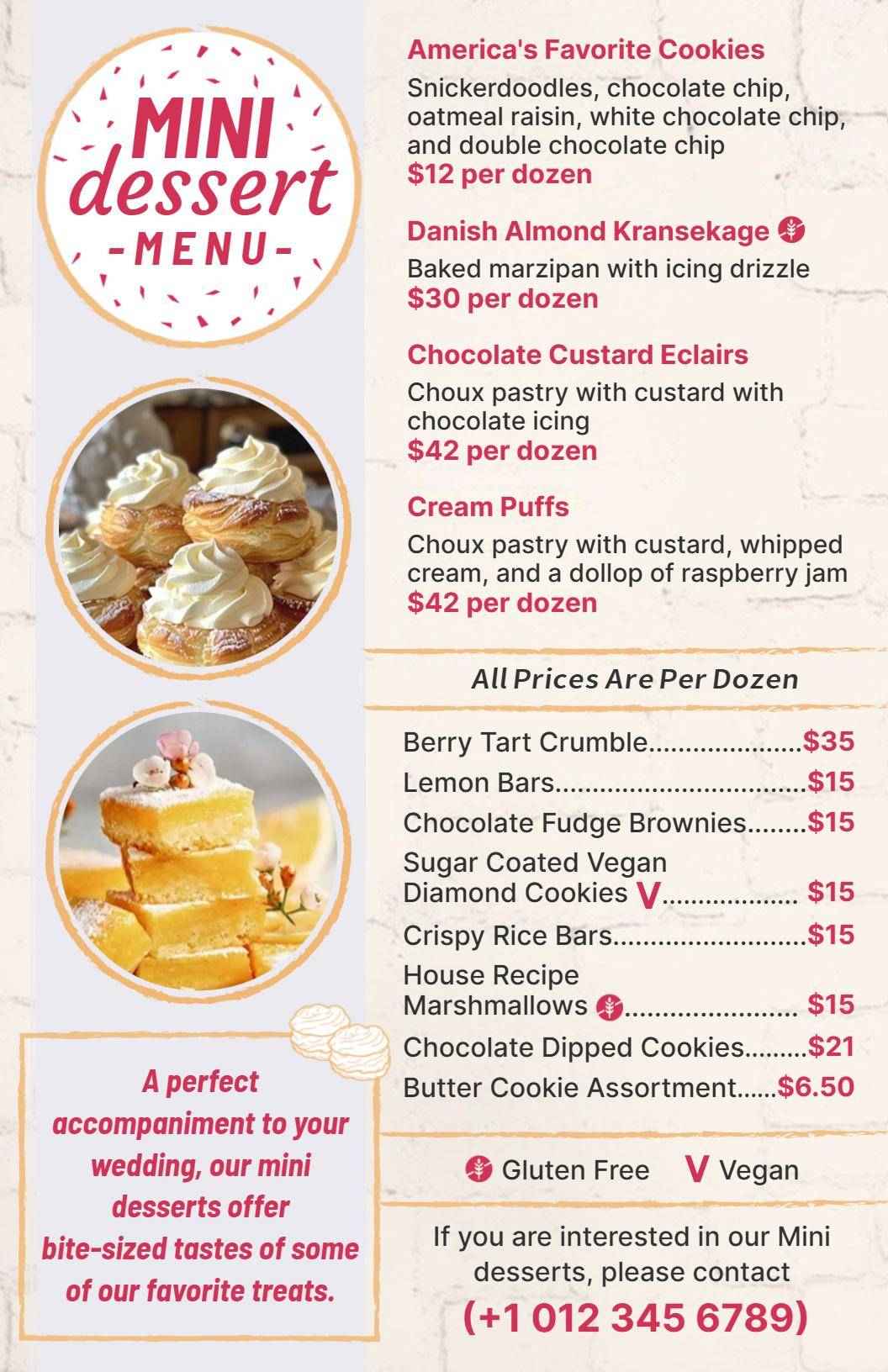Delightful Mini Dessert Selections Including Cream Puffs Dessert Menu Template