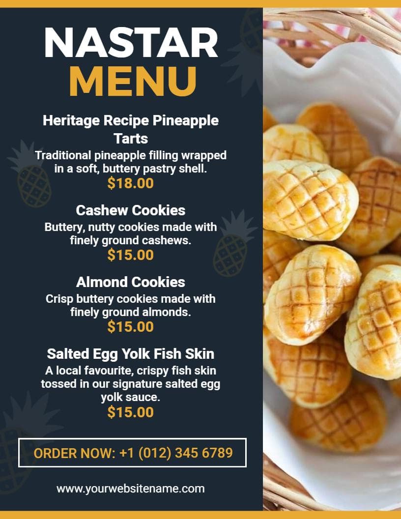 Delightful Pineapple Tarts and Nutty Cookie Selections Dessert Menu Template