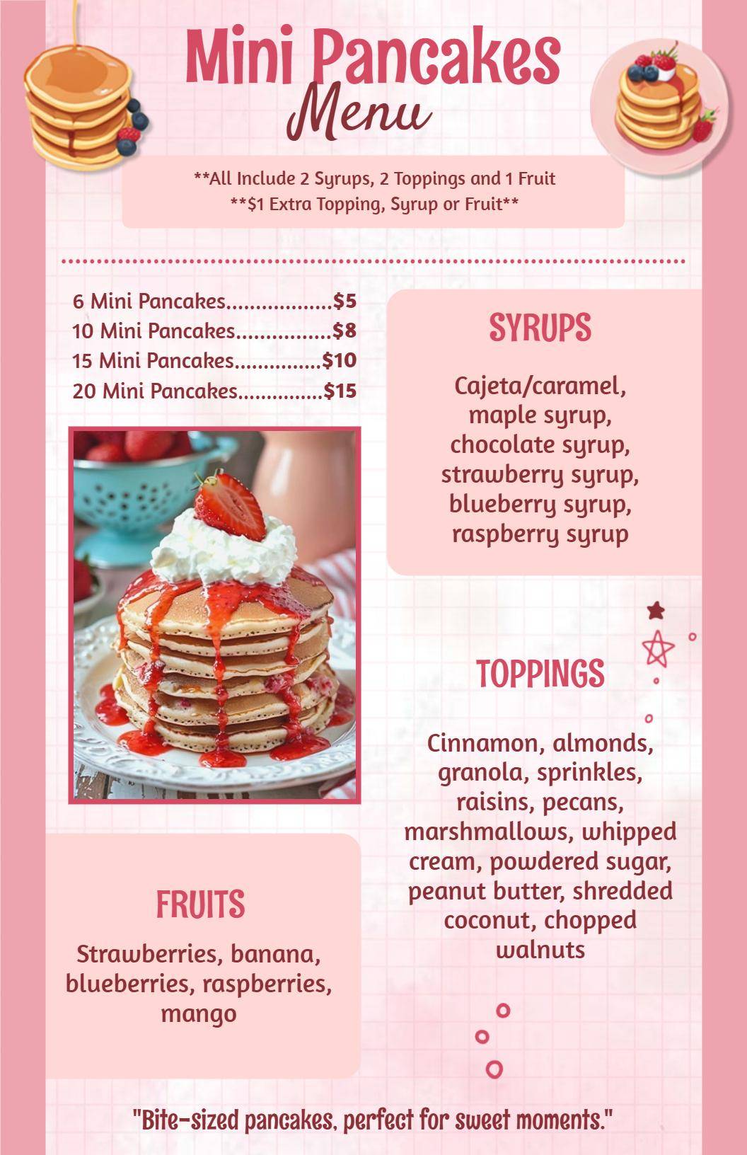 Delightful Pink Mini Pancakes Menu Template