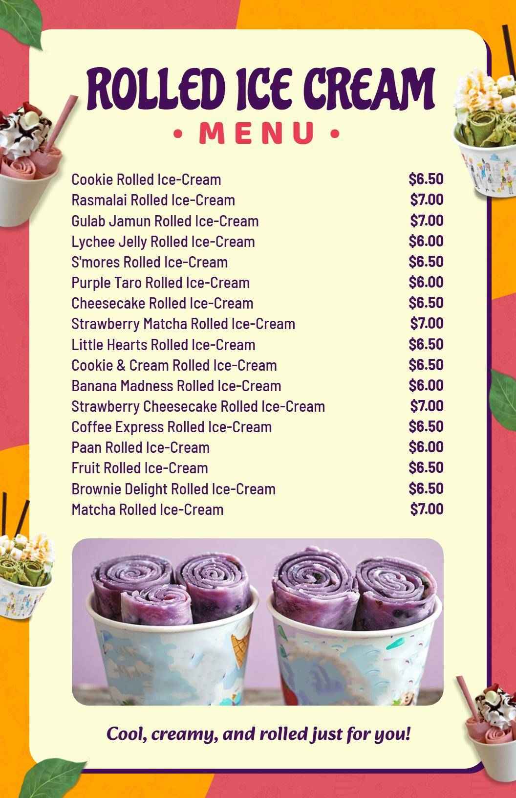 Delightful Rolled Ice Cream Flavors and Unique Options Ice Cream Menu Template