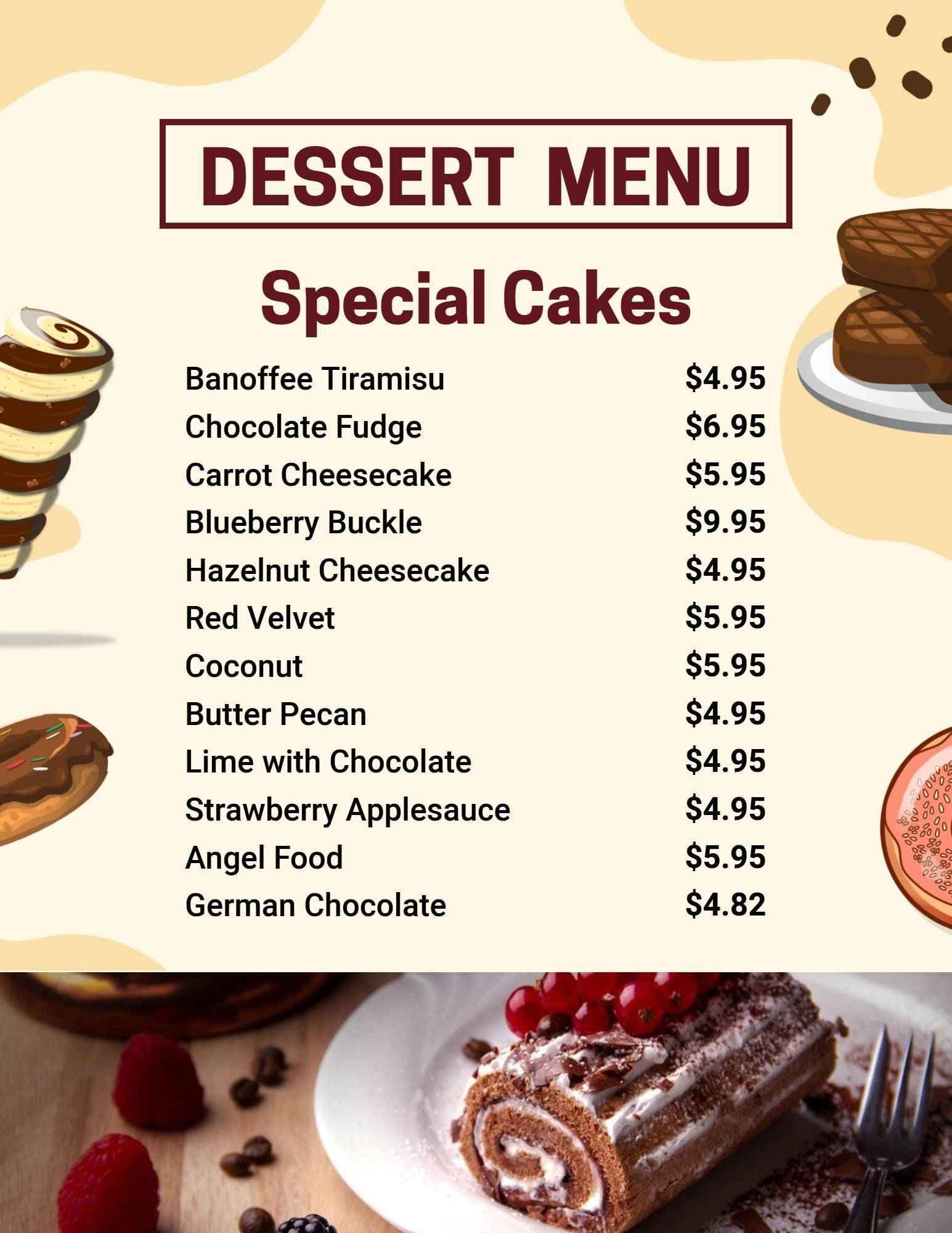 Delightful Selection of Special Cakes and Tempting Treats Dessert Menu Template