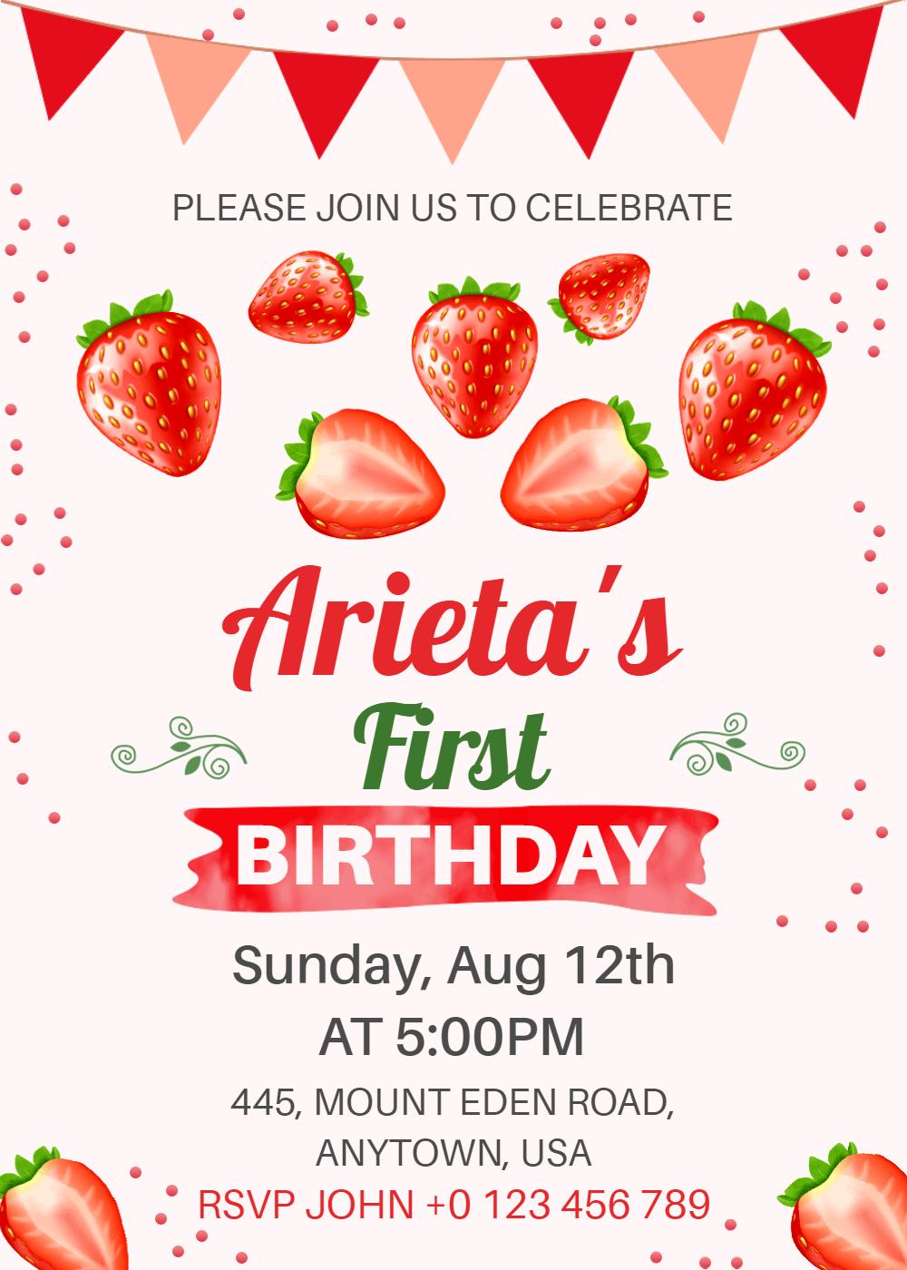 Delightful Strawberry First Birthday Celebration Invitation Template