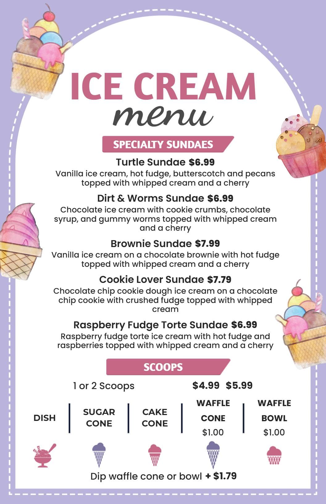 Delightful Sundae and Scoop Selections for Your Ice Cream Menu Template