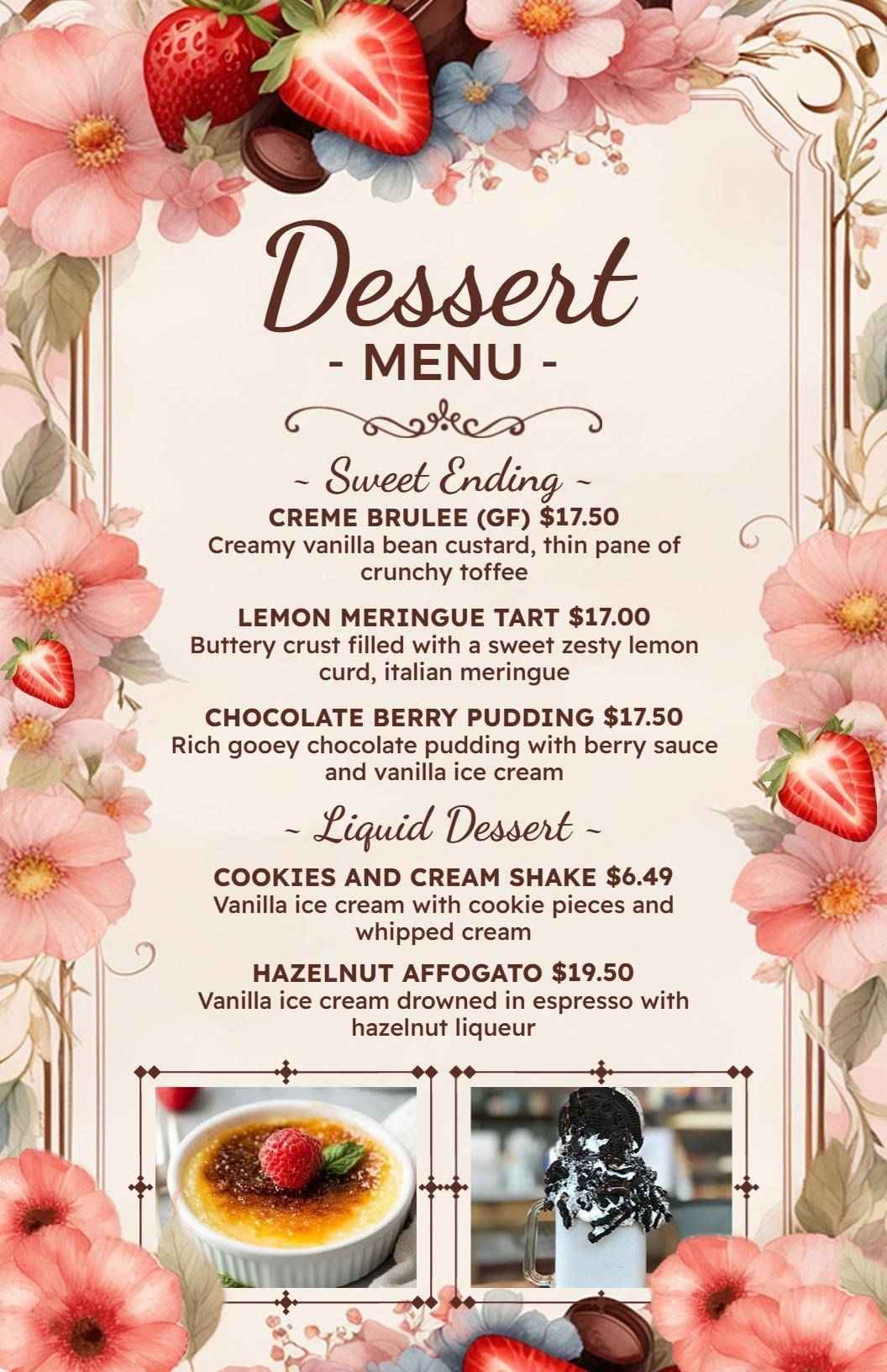 Delightful Sweets Featuring Cakes, Puddings, and Shakes Dessert Menu Template
