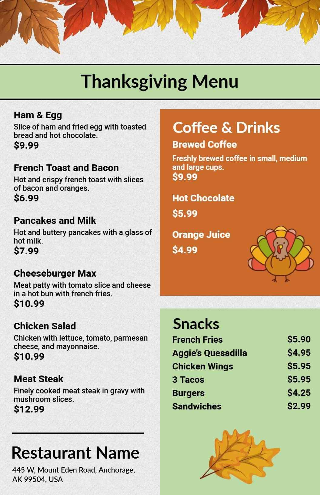 Delightful Thanksgiving Entrees and Refreshing Beverages Menu Template