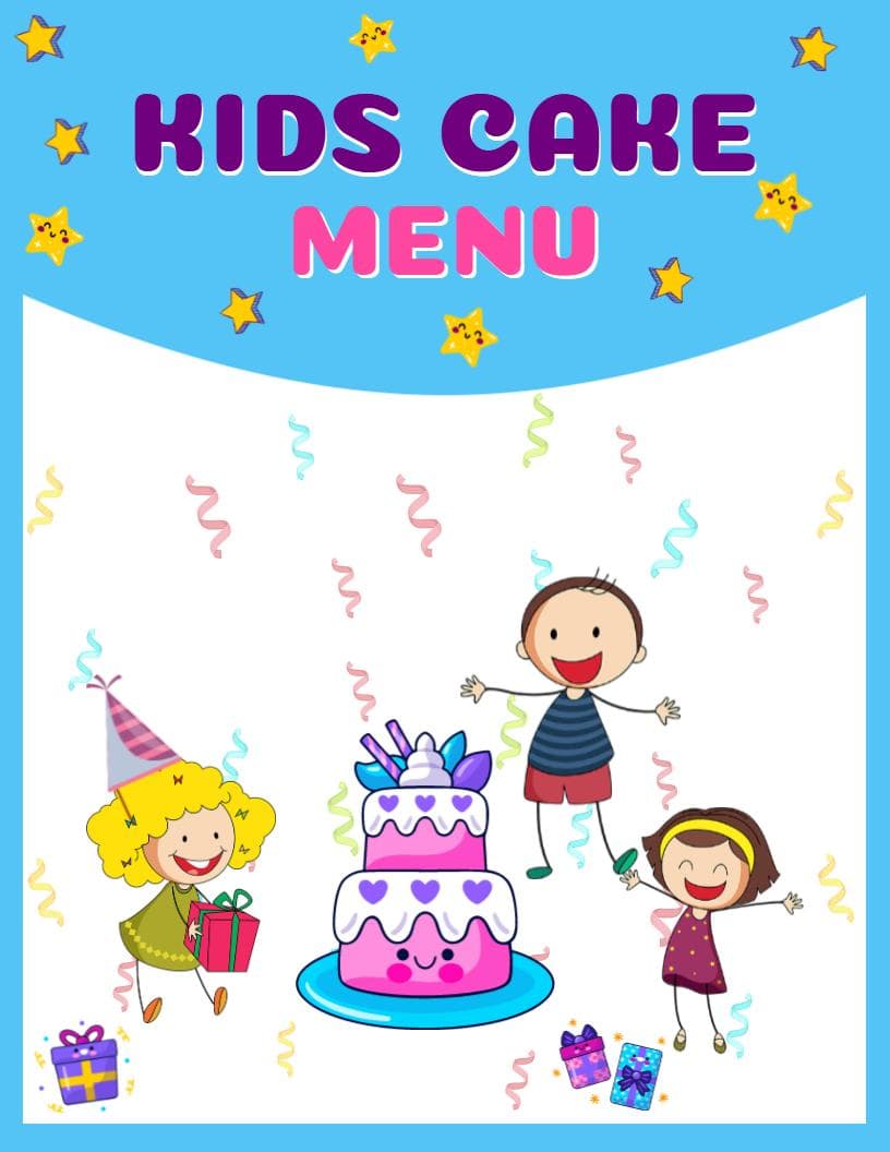 Delightful Themed Cakes for Celebrating Young Kids Menu Template