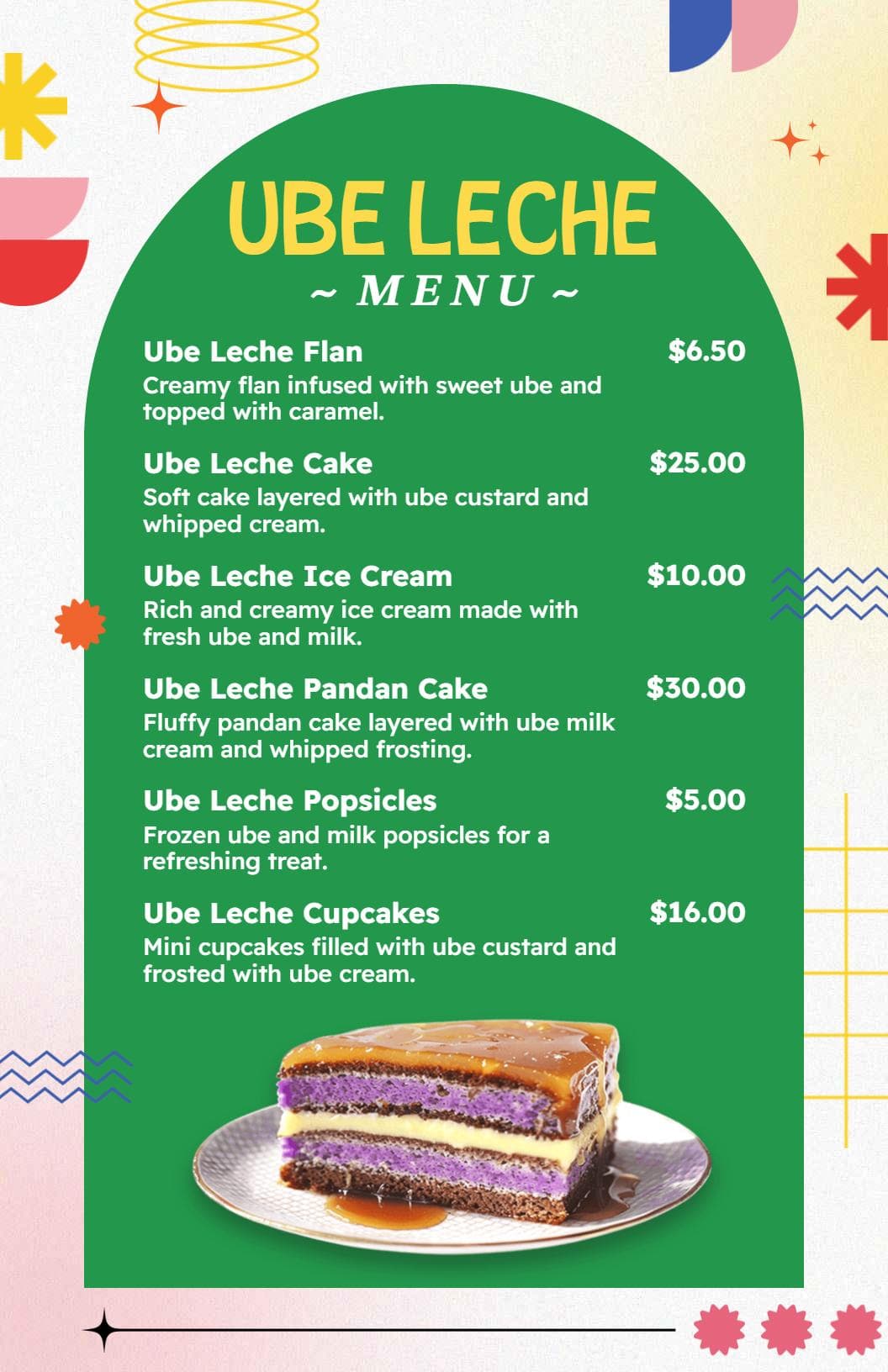 Delightful Ube Desserts Featuring Creamy Flavors Dessert Menu Template