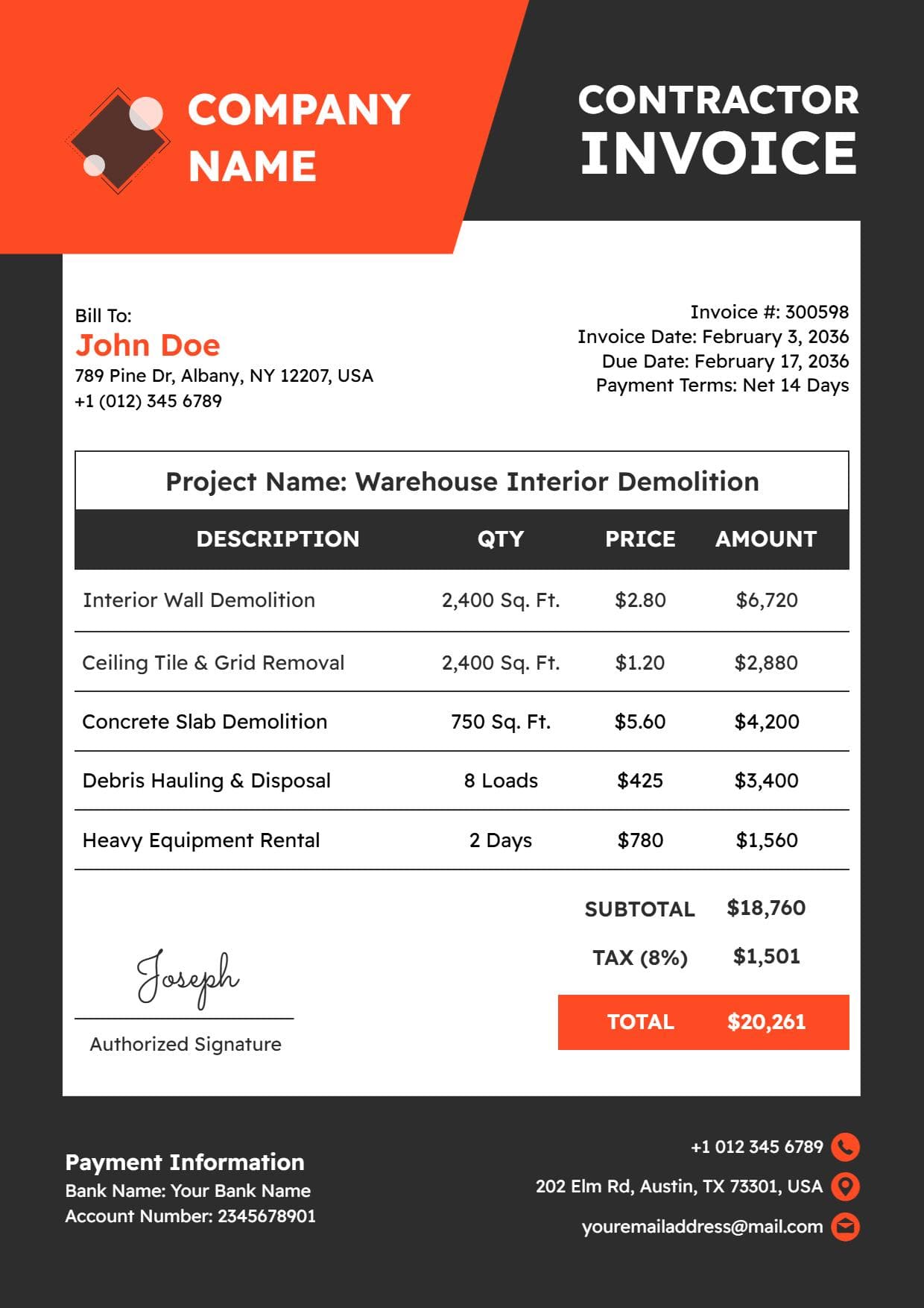Demolition Contractor Project Billing with Service Invoice Template