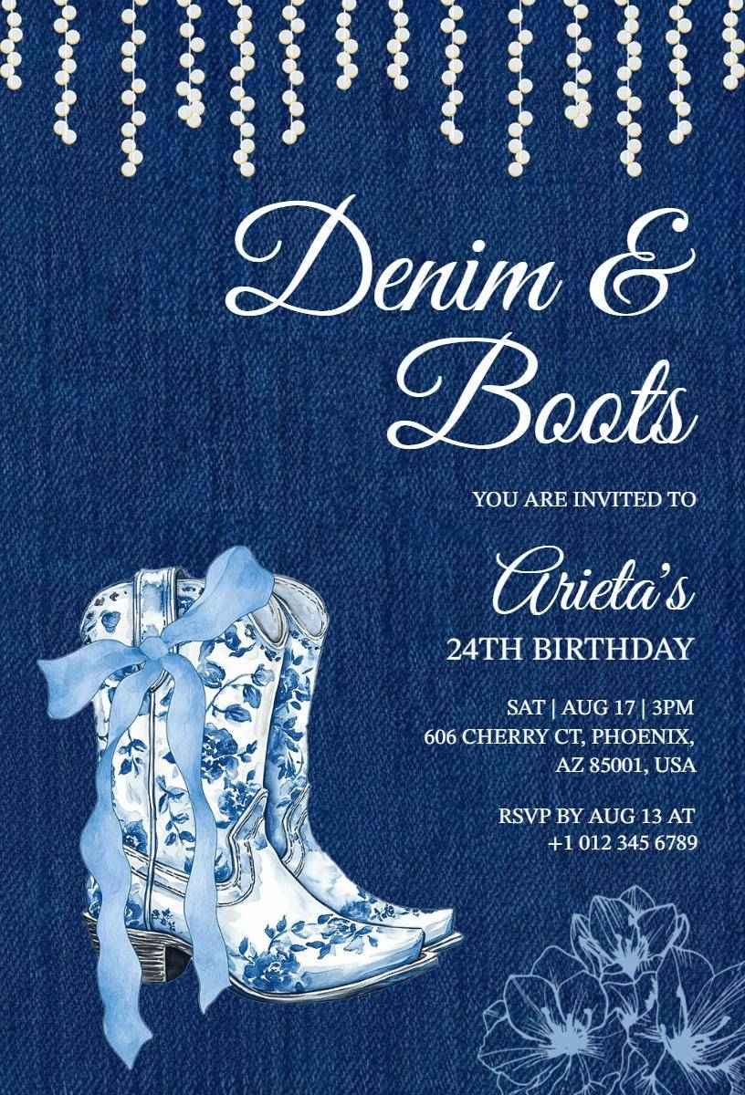 Denim and Boots Themed 24th Birthday Celebration Invitation Template