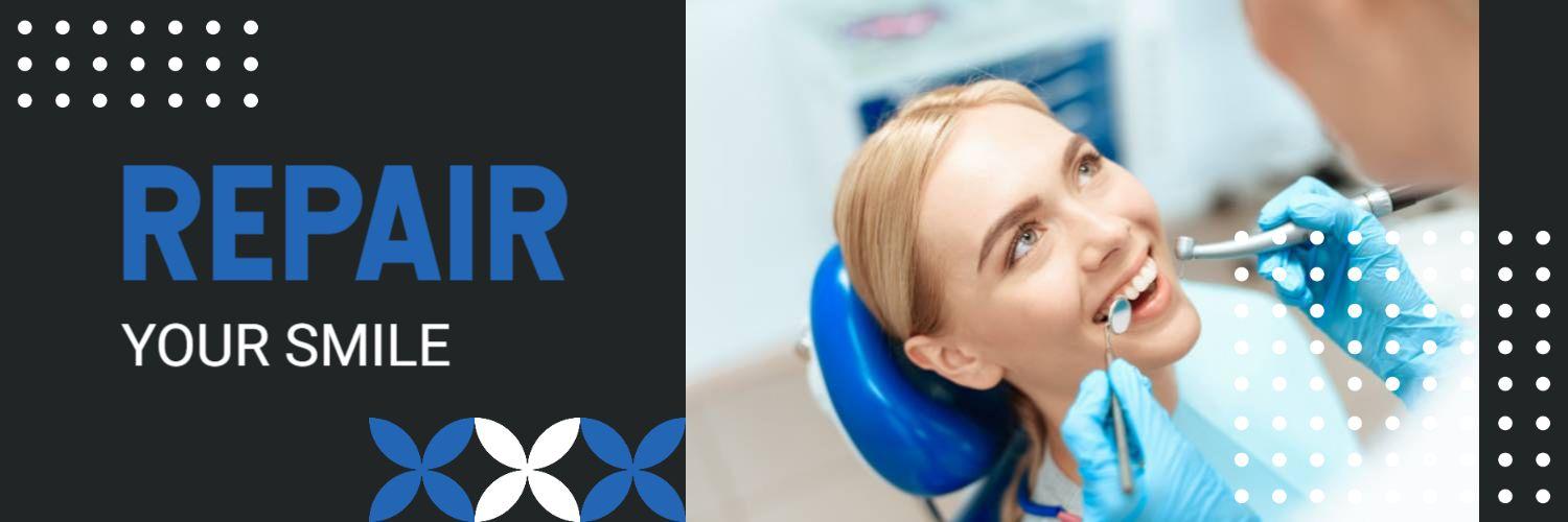 Dental Care Theme with Patient Smile on Blue Twitter Banner Template