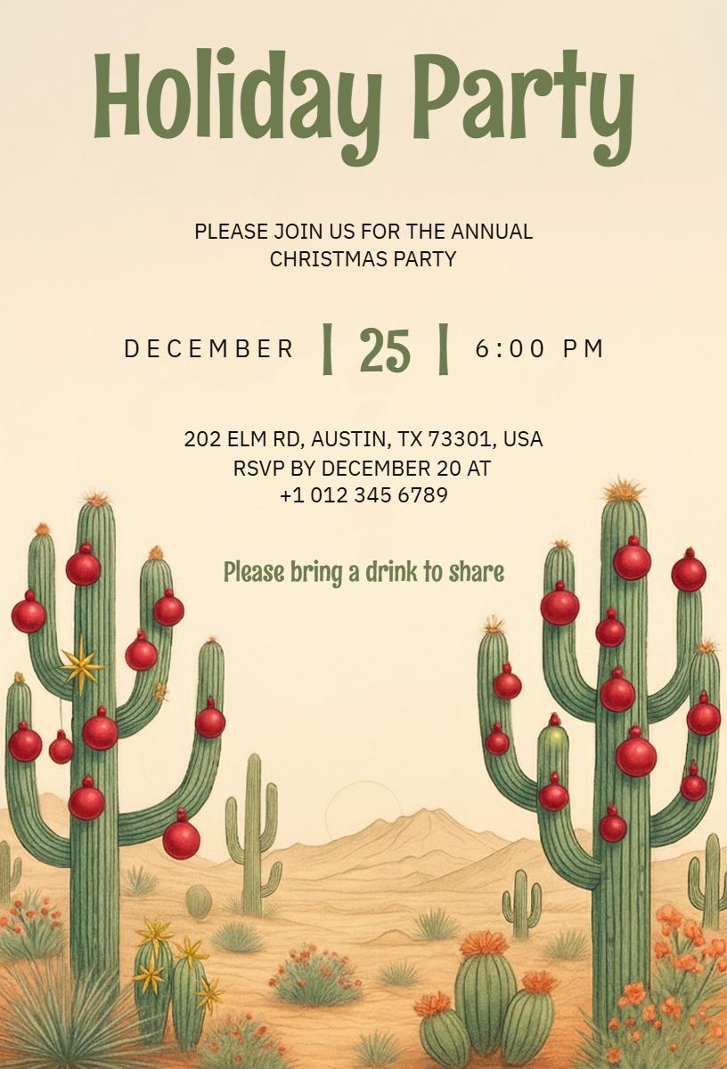 Desert Cactus Festive Christmas Party Invitation Template