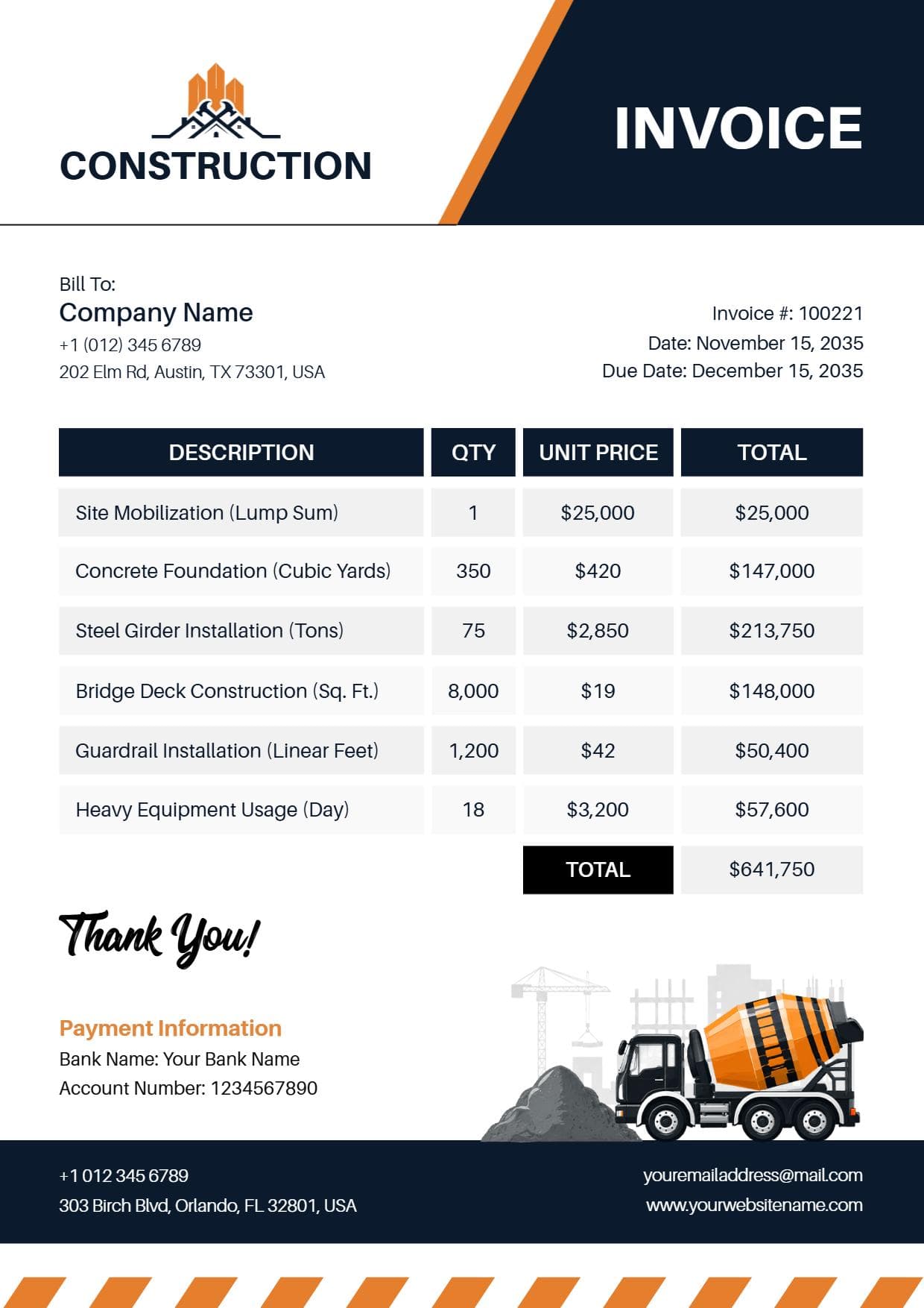 Detailed Orange Construction Works Facilities Invoice Template