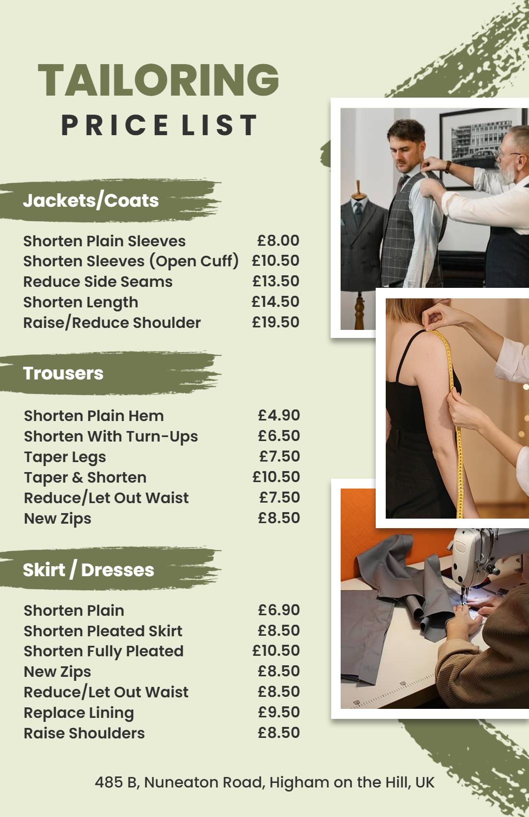 Detailed Trousers and Skirt Tailoring Price List Template
