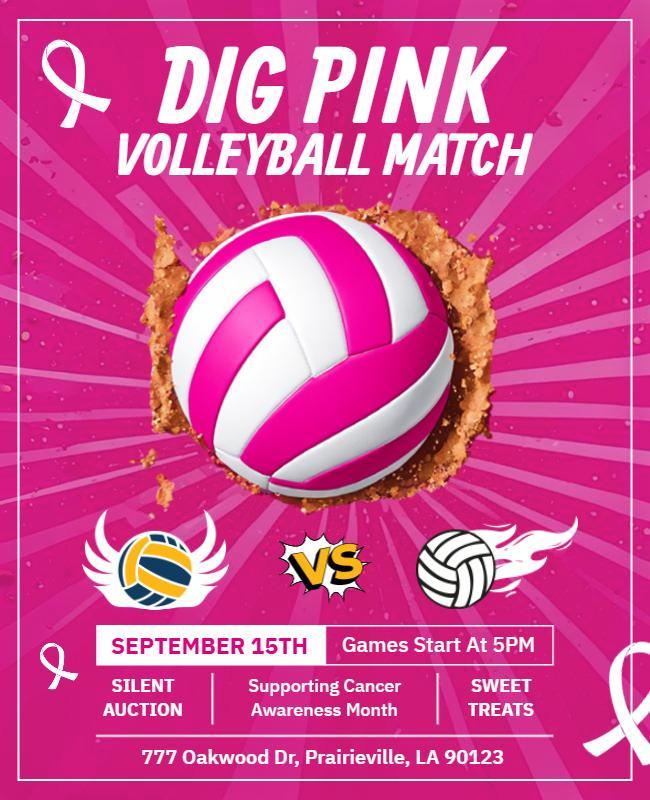 Dig Pink Breast Cancer Awareness Volleyball Match Flyer Template