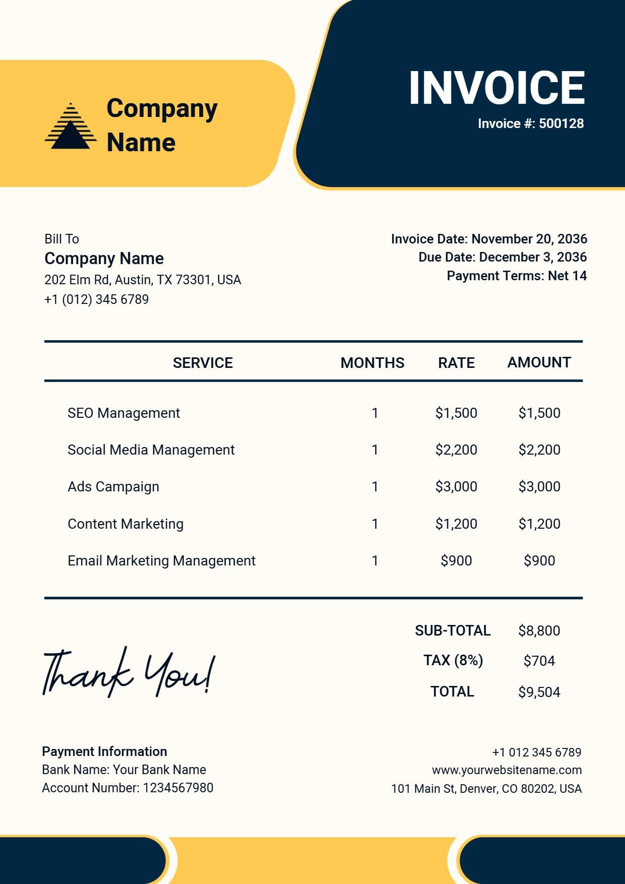 Digital Marketing Company Service Breakdown with Itemized Costs Invoice Template