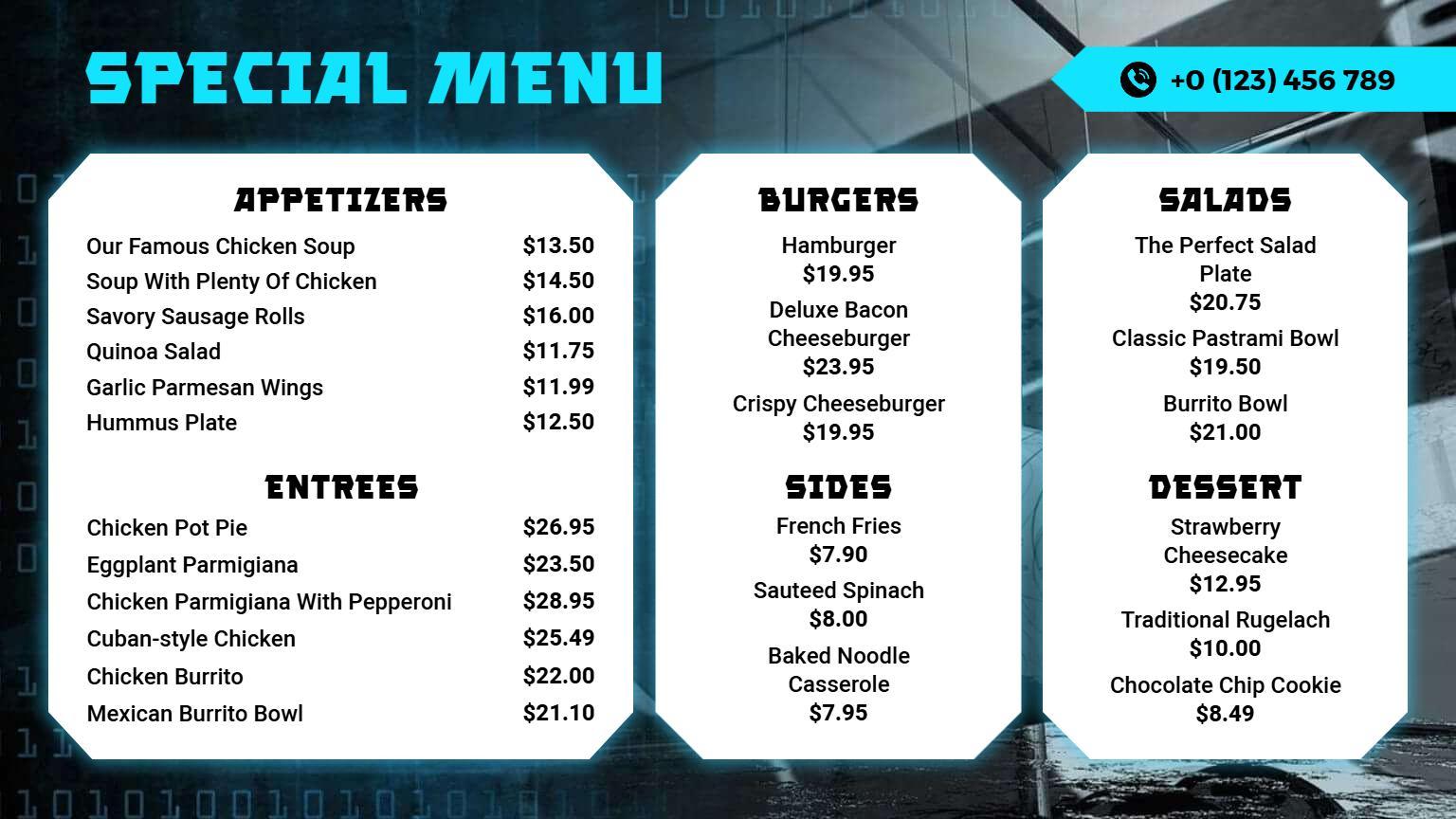 Digital Tech Design Black and Blue Special Cuisine Menu Template