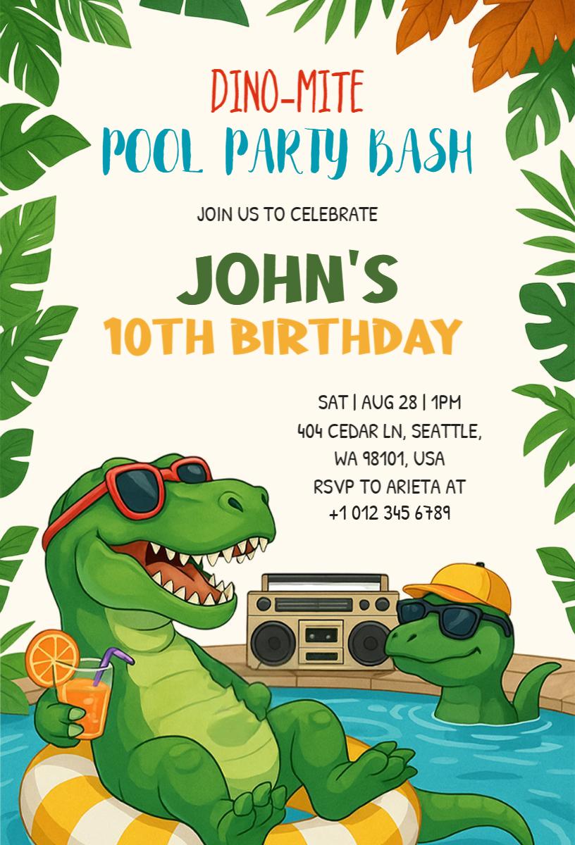 Dino-Mite Themed Pool Party Celebration Invitation Template