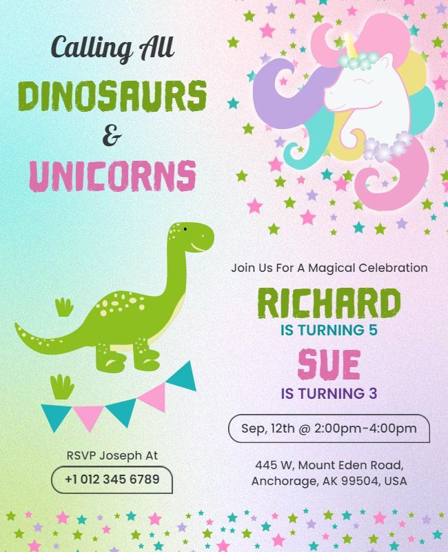 Dinosaur and Unicorn Birthday Celebration Flyer Template