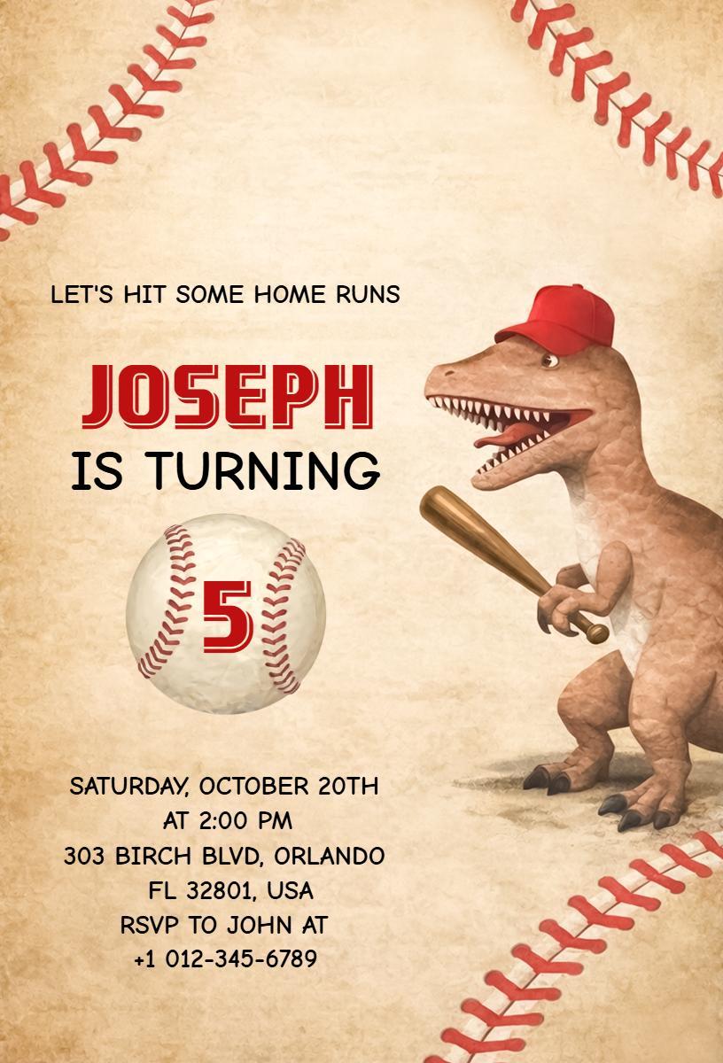 Dinosaur Baseball Theme Birthday Celebration Invitation Template