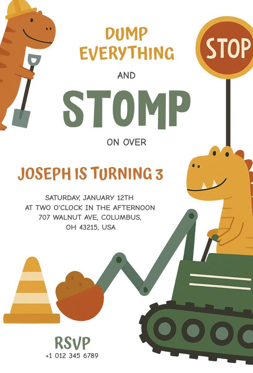 Dinosaur Construction Themed Birthday Party Invitation Template