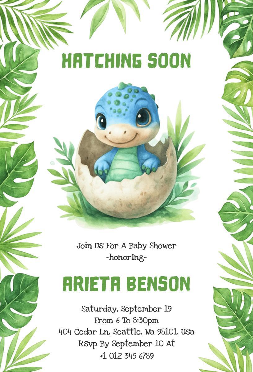 Dinosaur Hatching Soon Baby Shower Celebration Invitation Template