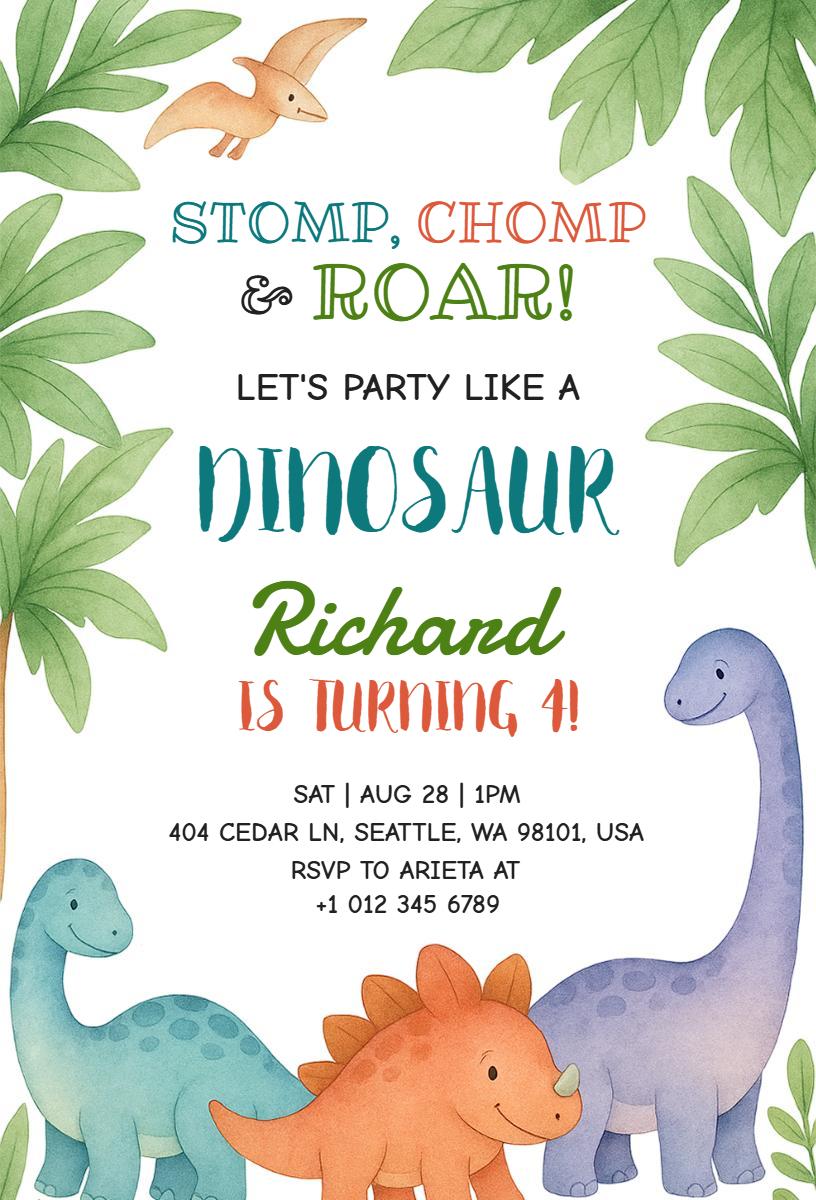 Dinosaur Stomp Roar Fun Birthday Celebration Invitation Template