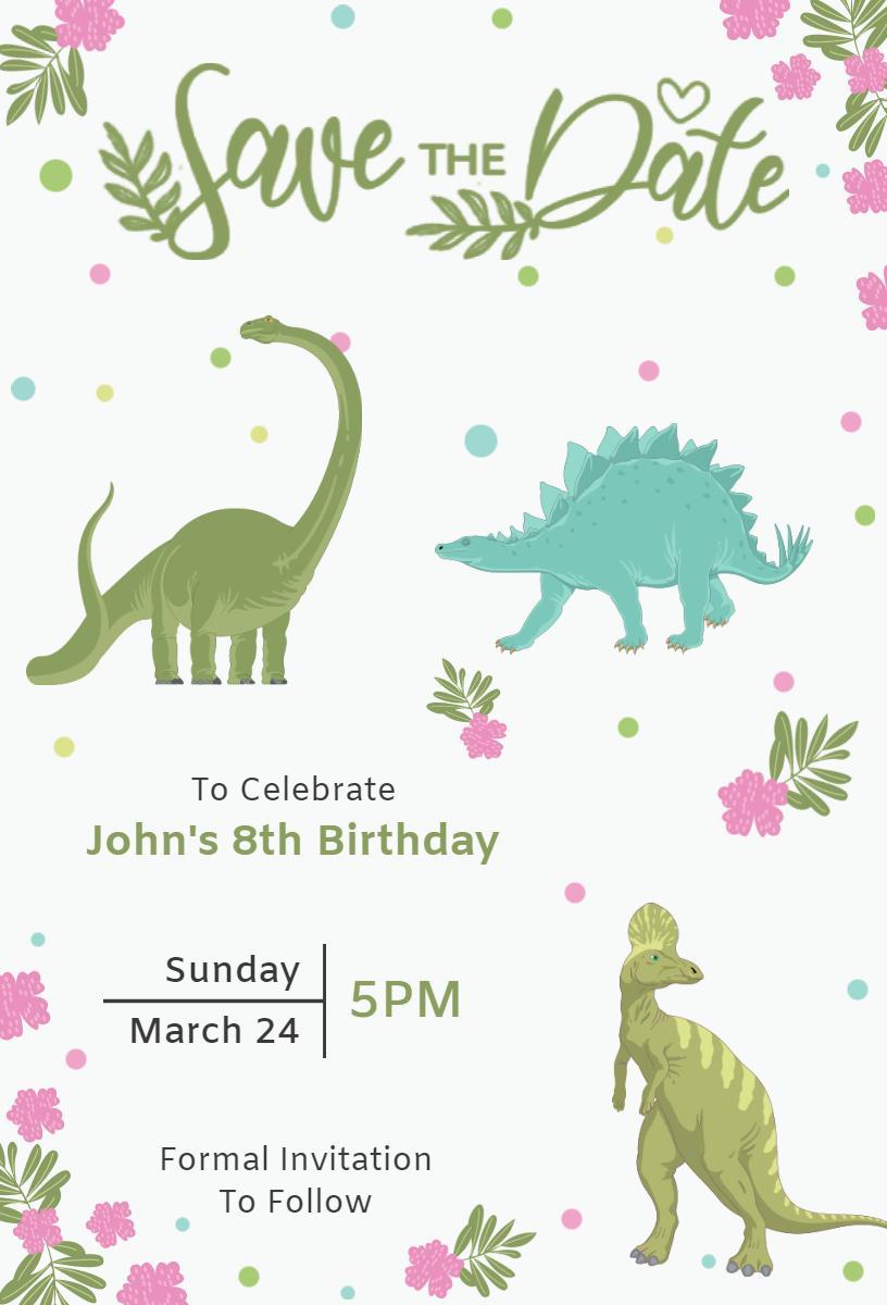 Dinosaur Theme John's 8th Birthday Save The Date Invitation Template