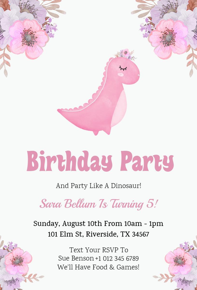 Dinosaur Theme Pink Birthday Celebration Invitation Template