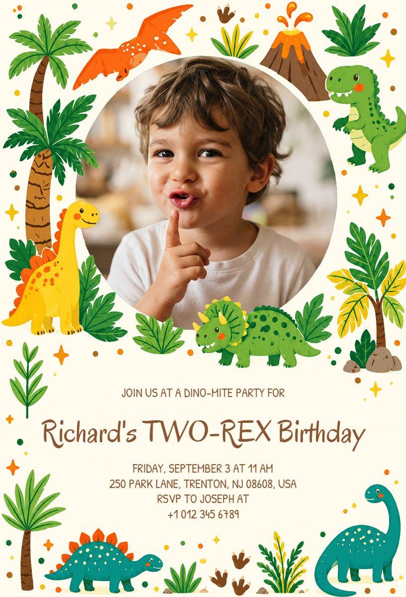 Dinosaur Themed 2nd Birthday Party Invitation Template