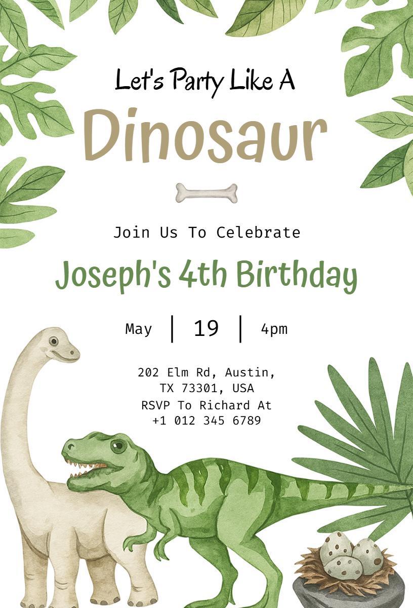 Dinosaur Themed 4th Birthday Party Celebration Invitation Template